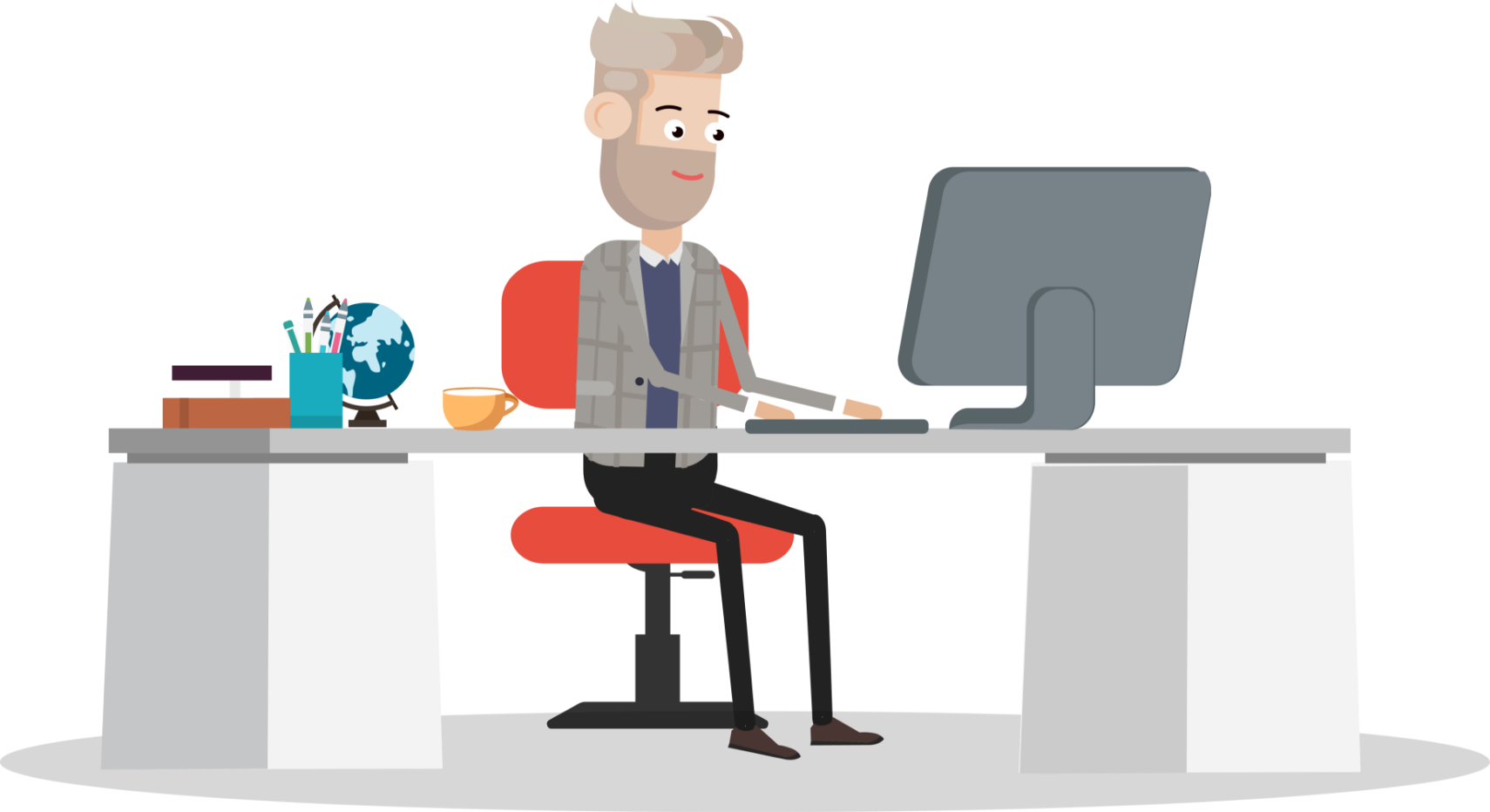 Illustrated man sitting at computer at desk