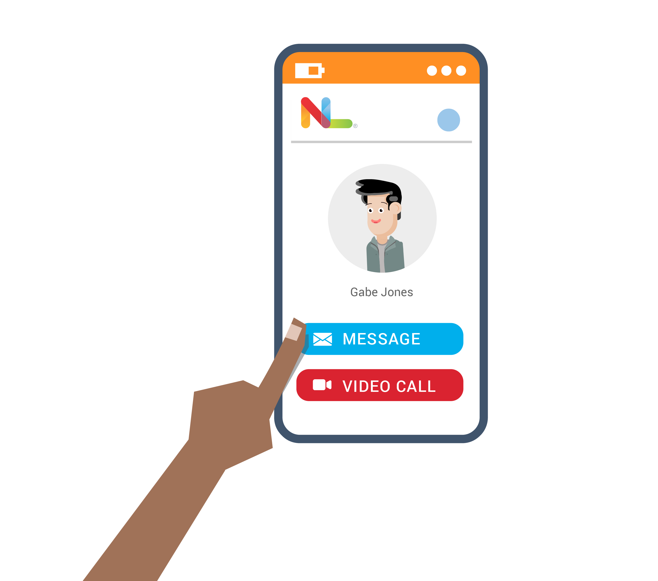 Staff profile screen with buttons for messaging and calling