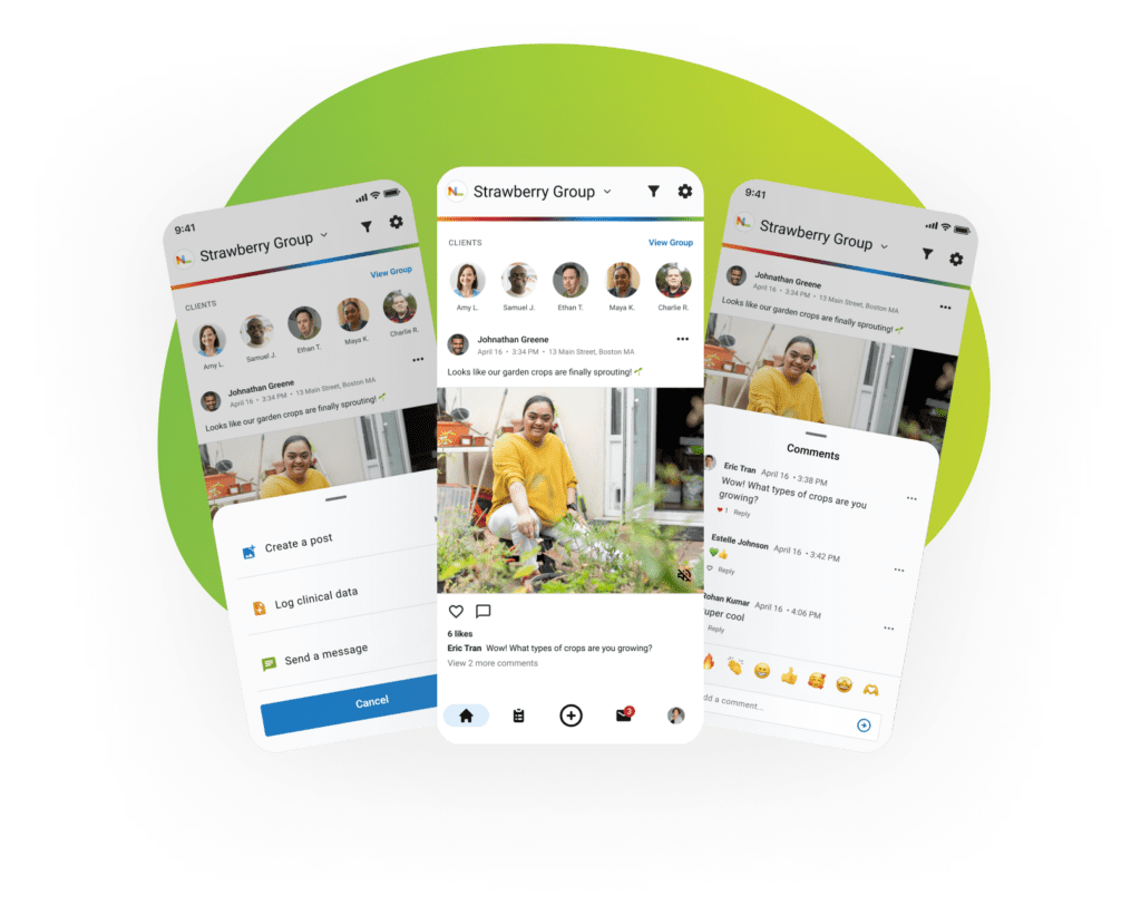 Three app screens showing the post feed, comments, and quick actions