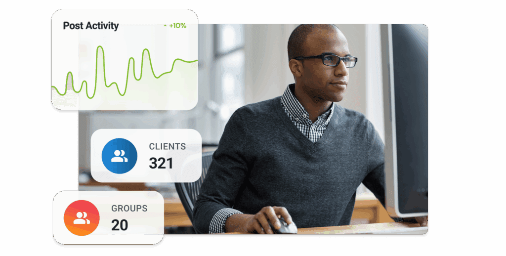 Program leader reviewing post, client, and group data on a desktop computer