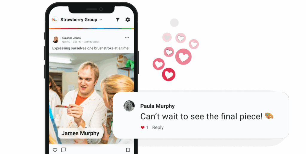 Mobile app screen of an individual painting a photo with a parent's comment showing appreciation to the post.