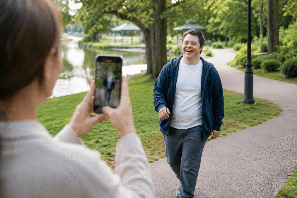 Someone taking photo of someone walking in the park